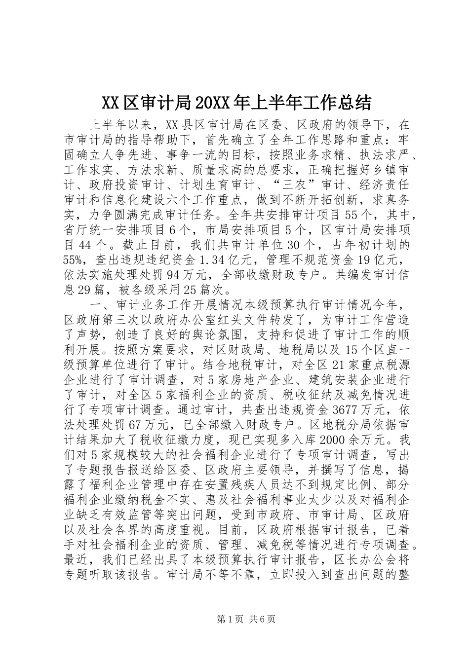 XX区审计局20XX年上半年工作总结_第1页