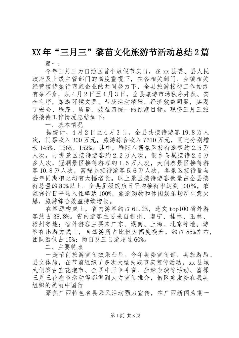 XX年“三月三”黎苗文化旅游节活动总结2篇_第1页