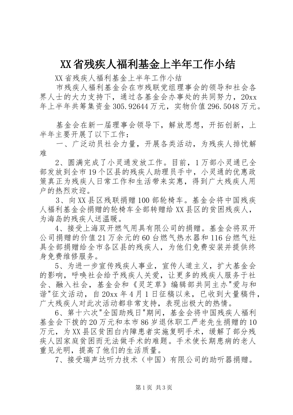 XX省残疾人福利基金上半年工作小结 _第1页