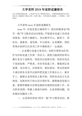 大学老师2019年述职述廉报告