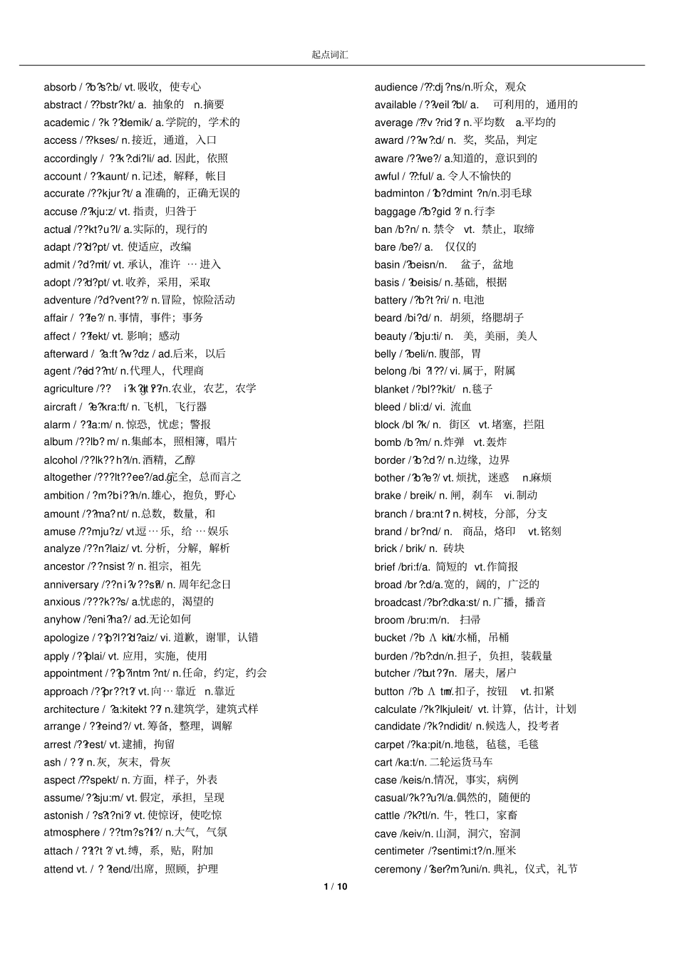大学英语起点词汇1000带音标_第1页
