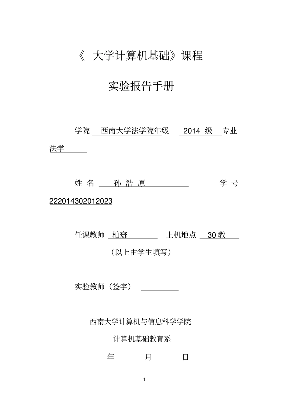 大学计算机基础试验报告手册模板_第1页