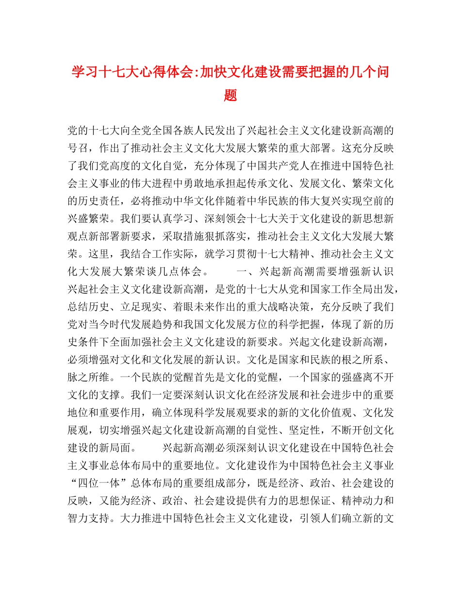 学习十七大心得体会-加快文化建设需要把握的几个问题 _第1页