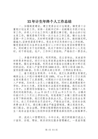 XX年计生年终个人工作总结 