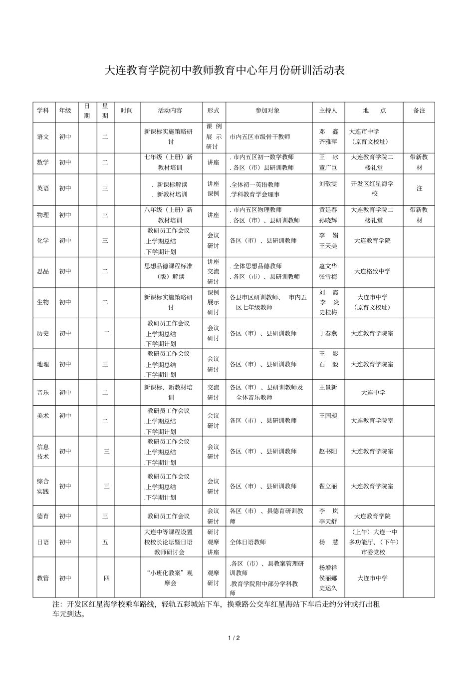 大连教育学院初中教师教育中心年9月份研训活动表_第1页
