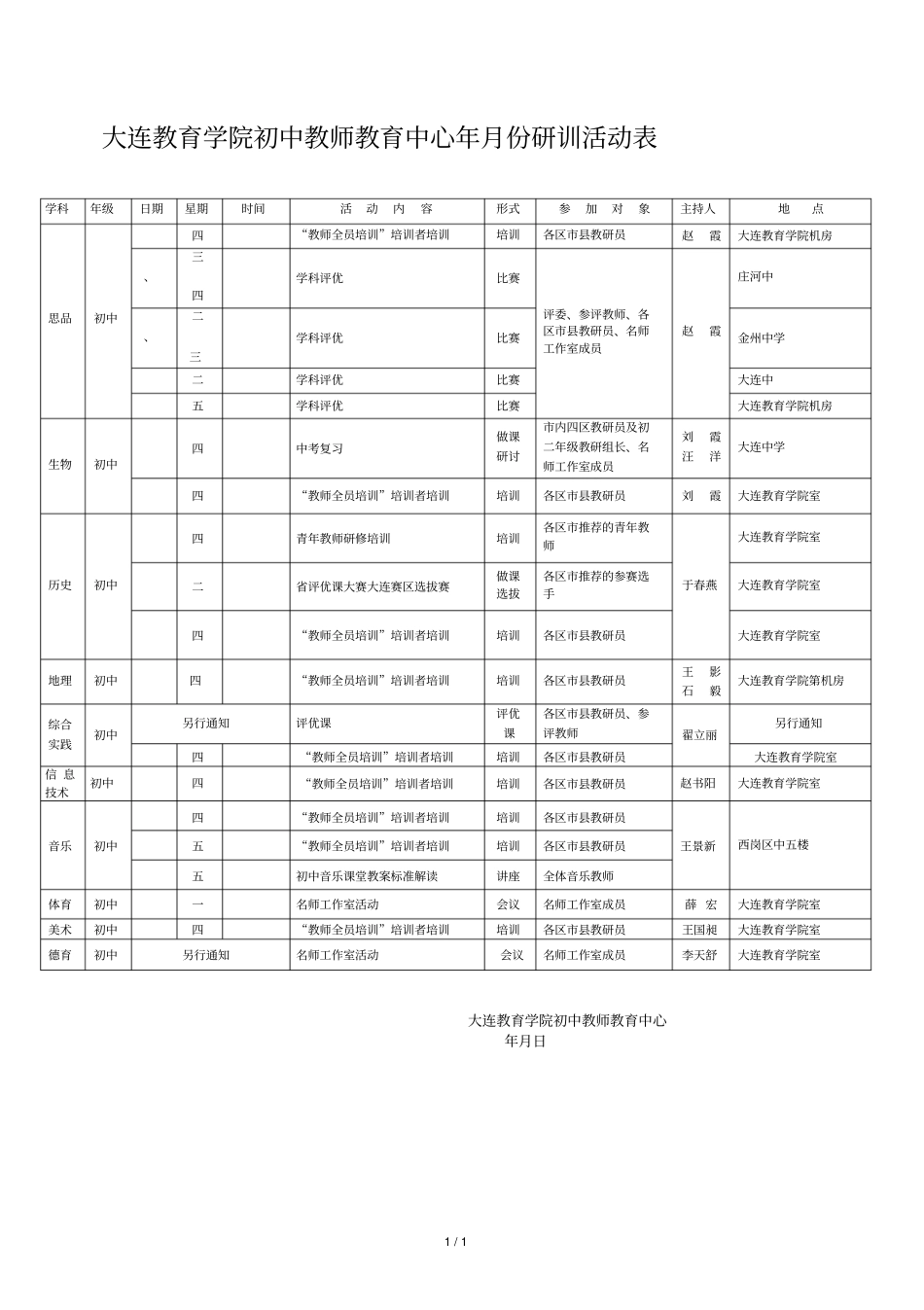 大连教育学院初中教师教育中心年6月份研训活动表_第1页