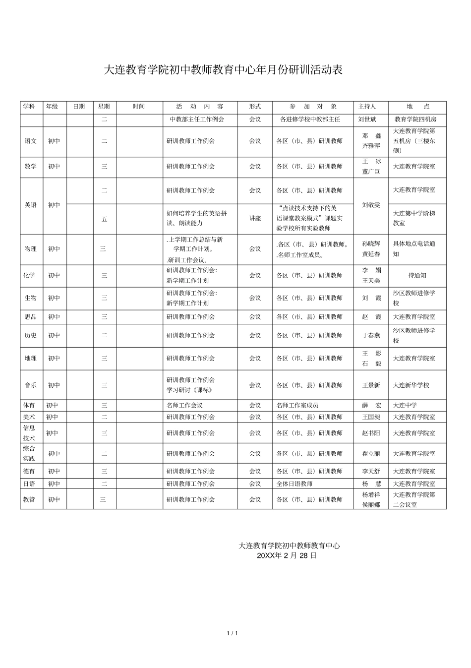 大连教育学院初中教师教育中心年3月份研训活动表_第1页