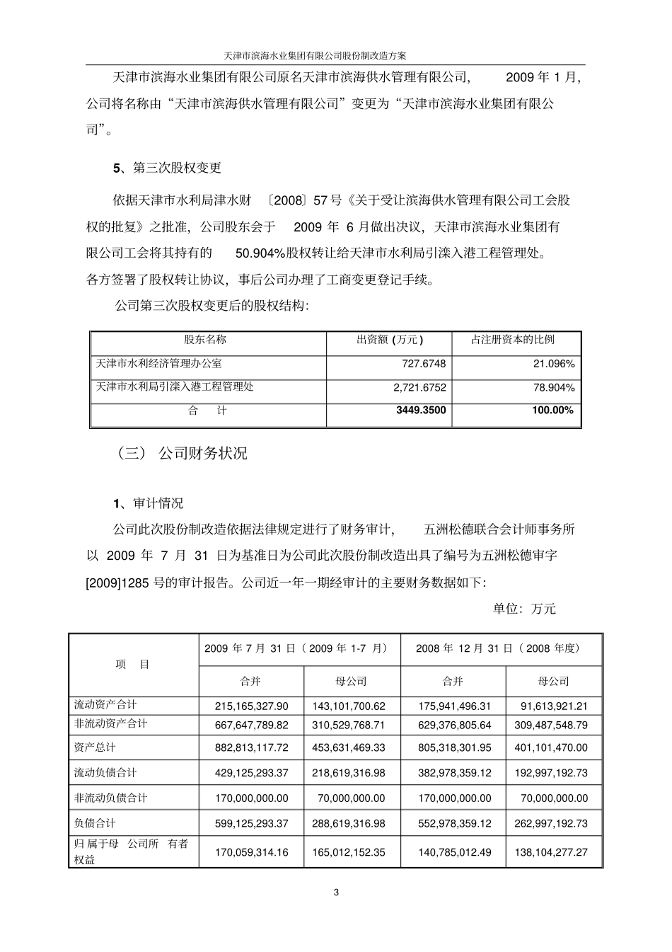 天津滨海水业集团有限公司股份制改造方案_第3页