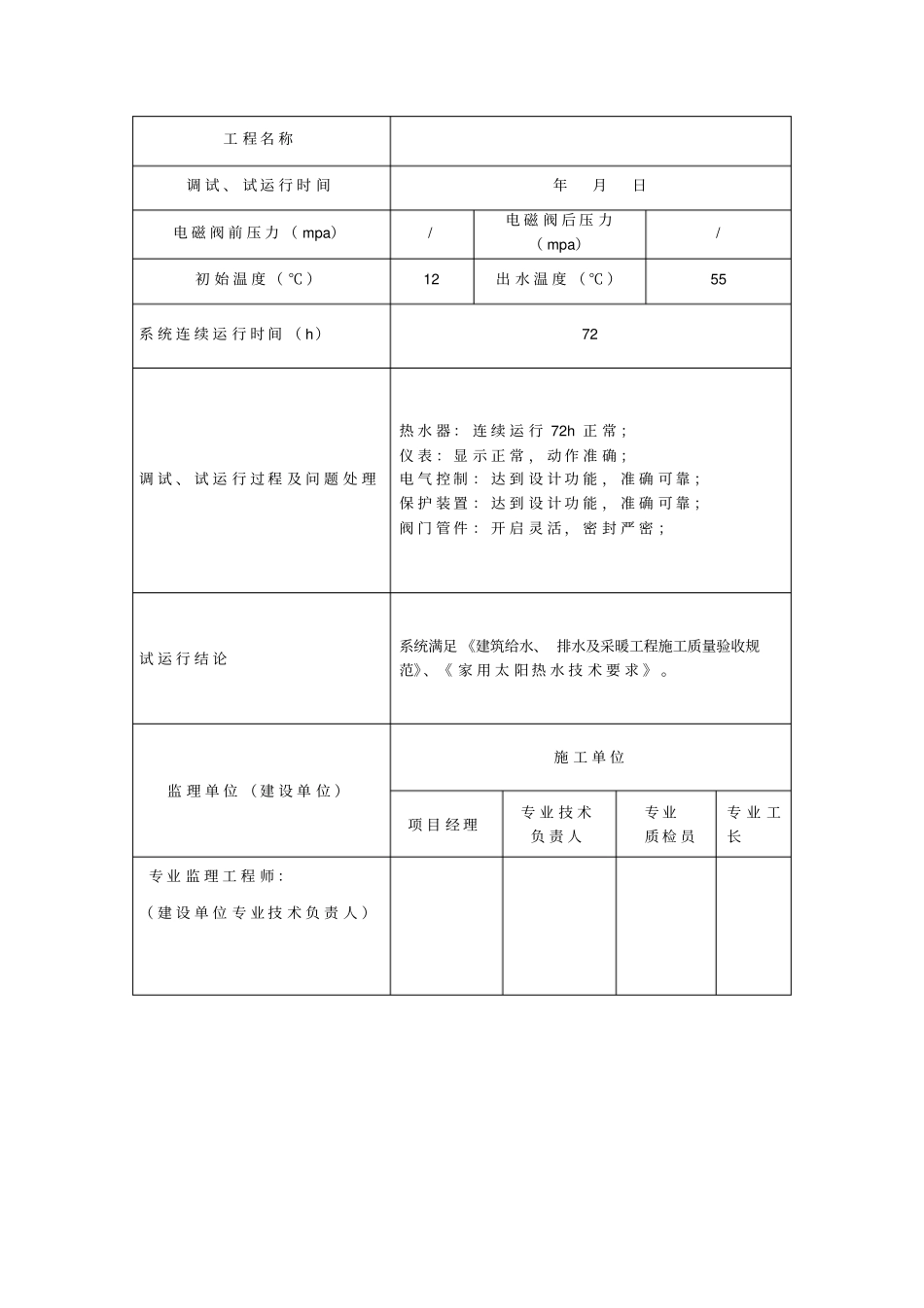 太阳能系统热性能检验记录调试和试运行记录_第2页