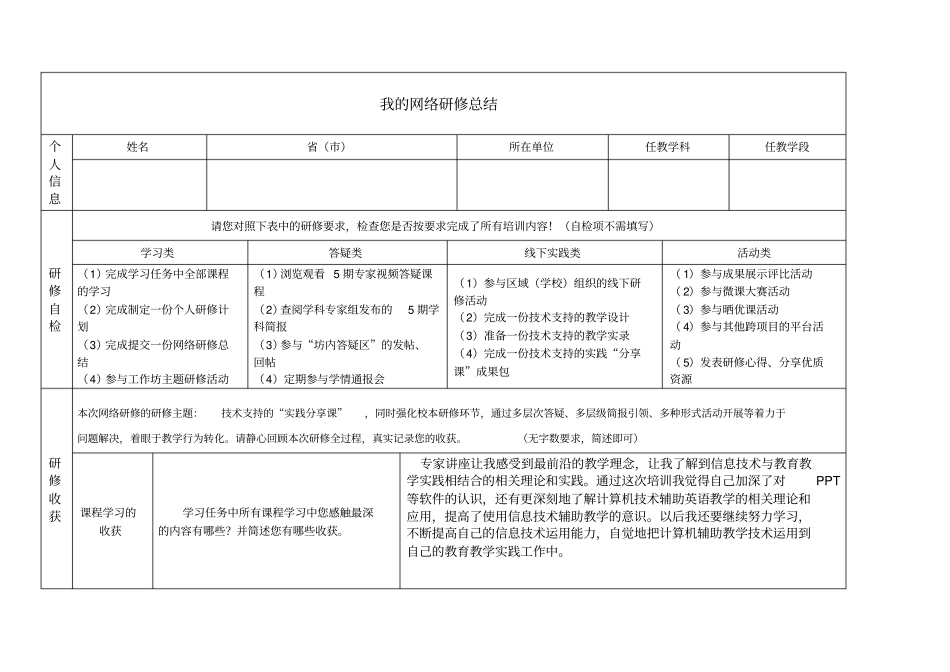 奥鹏培训网络个人研修总结作业_第1页