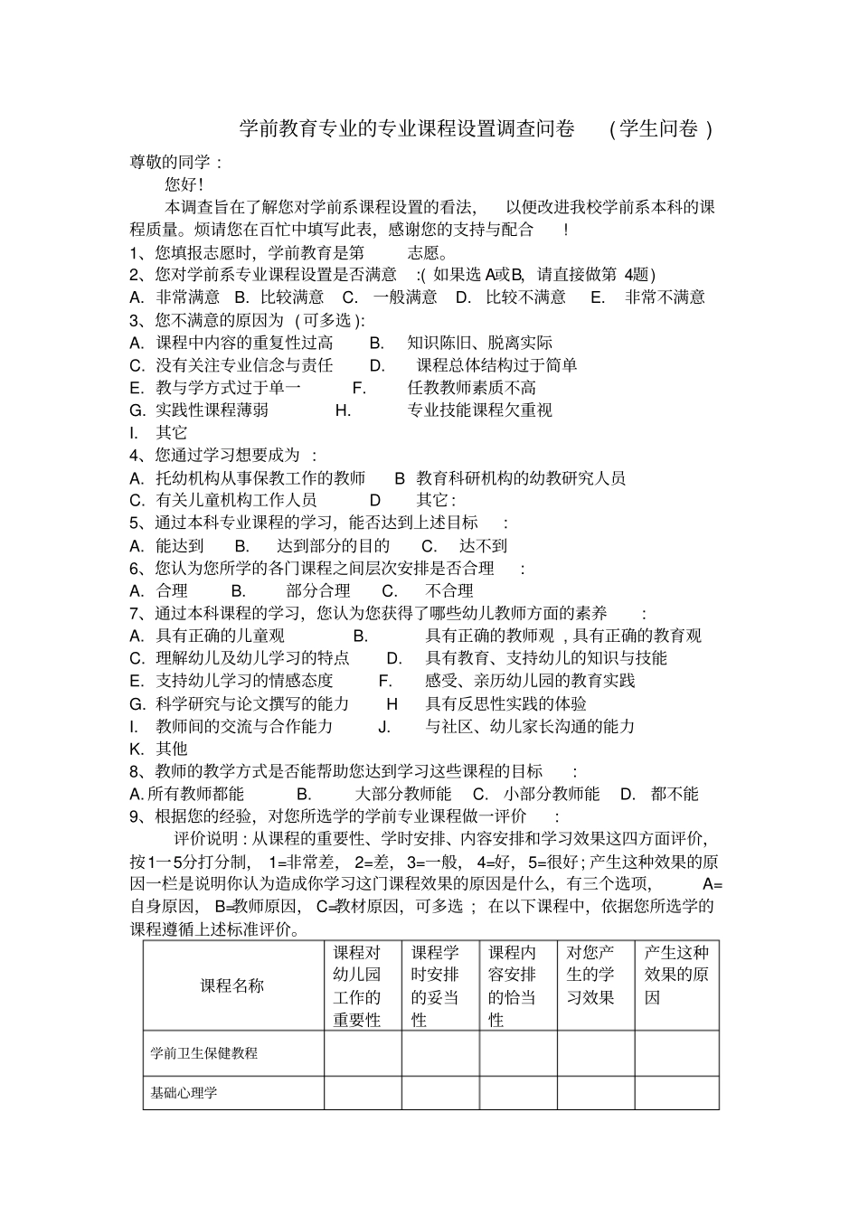 学前教育专业的专业课程设置调查问卷_第1页