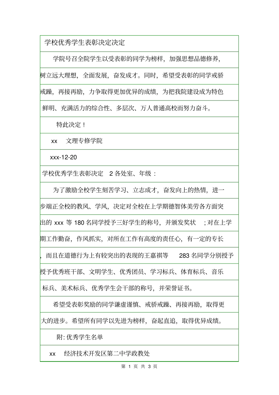 学校优秀学生表彰决定决定_第1页