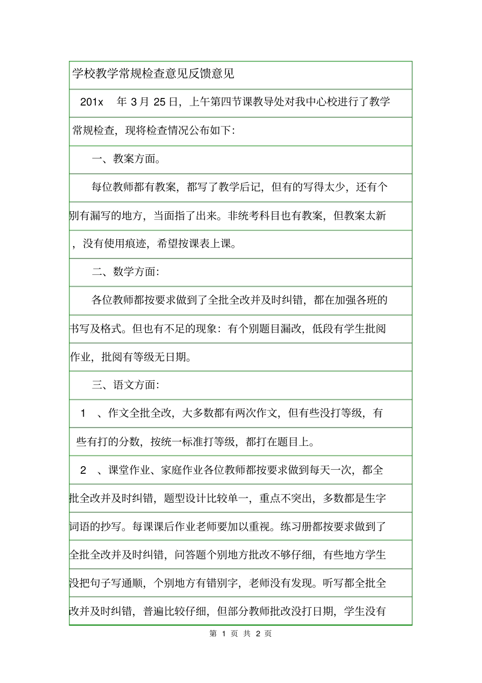 学校教学常规检查意见反馈意见_第1页