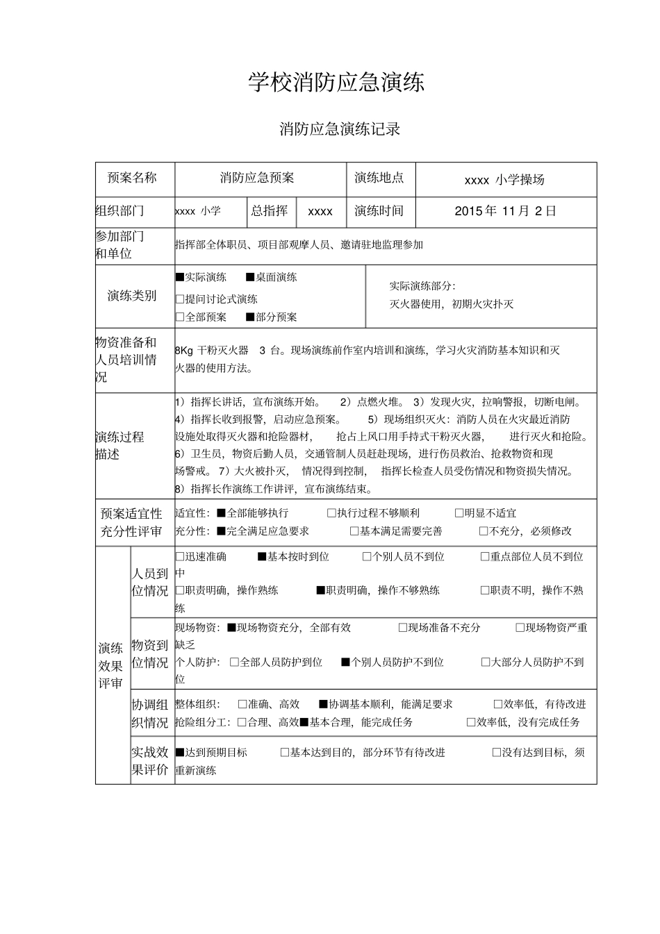 学校消防应急演练记录、方案、总结_第1页