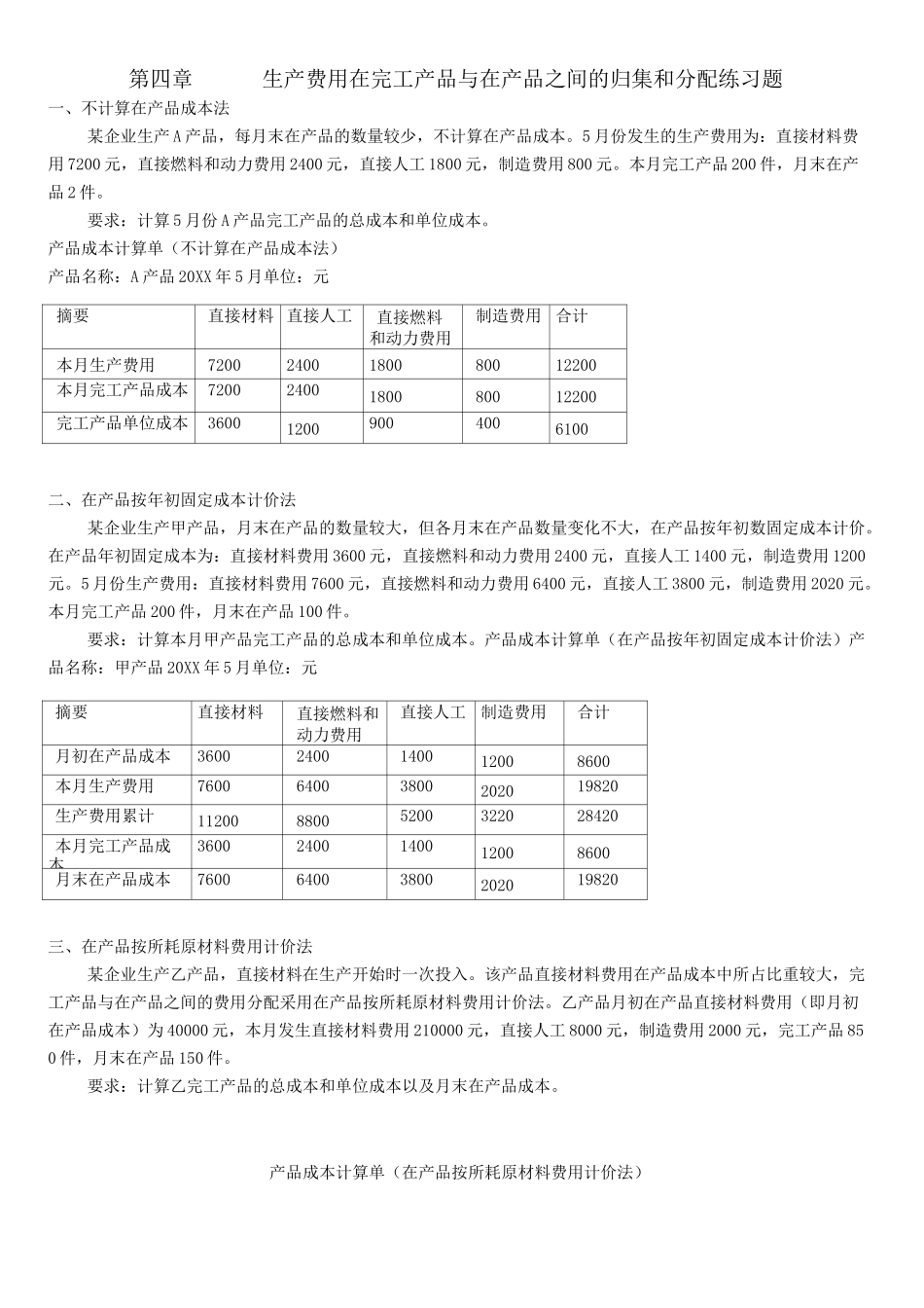 生产费用在完工产品与在产品之间的分配练习答案版_第1页