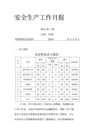 安全生产工作月报