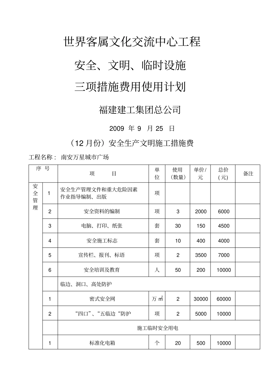 安全生产文明施工措施费用一览表新_第1页