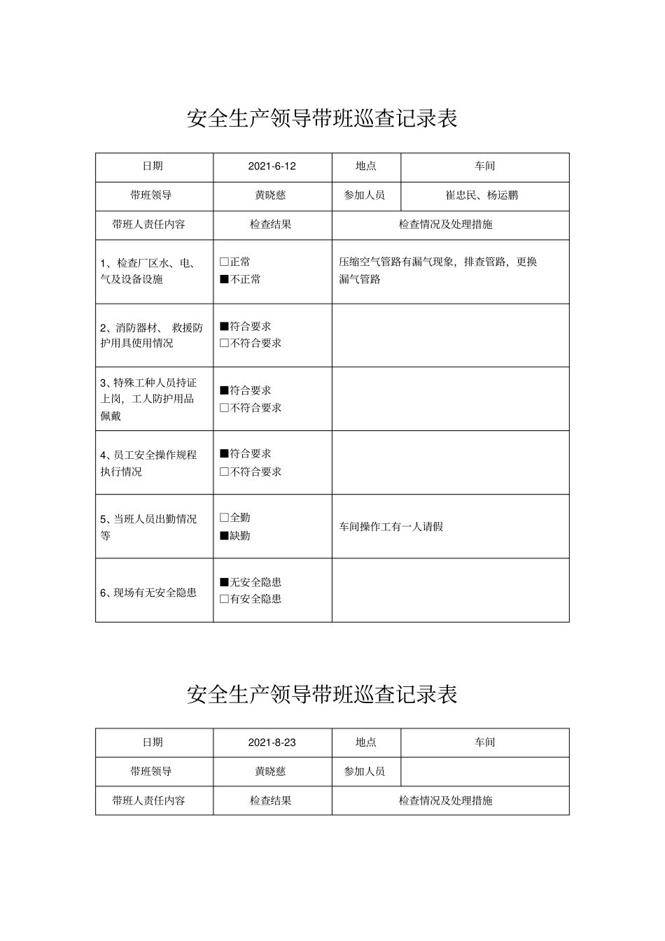 安全生产领导带班巡查记录表最新文档_第2页
