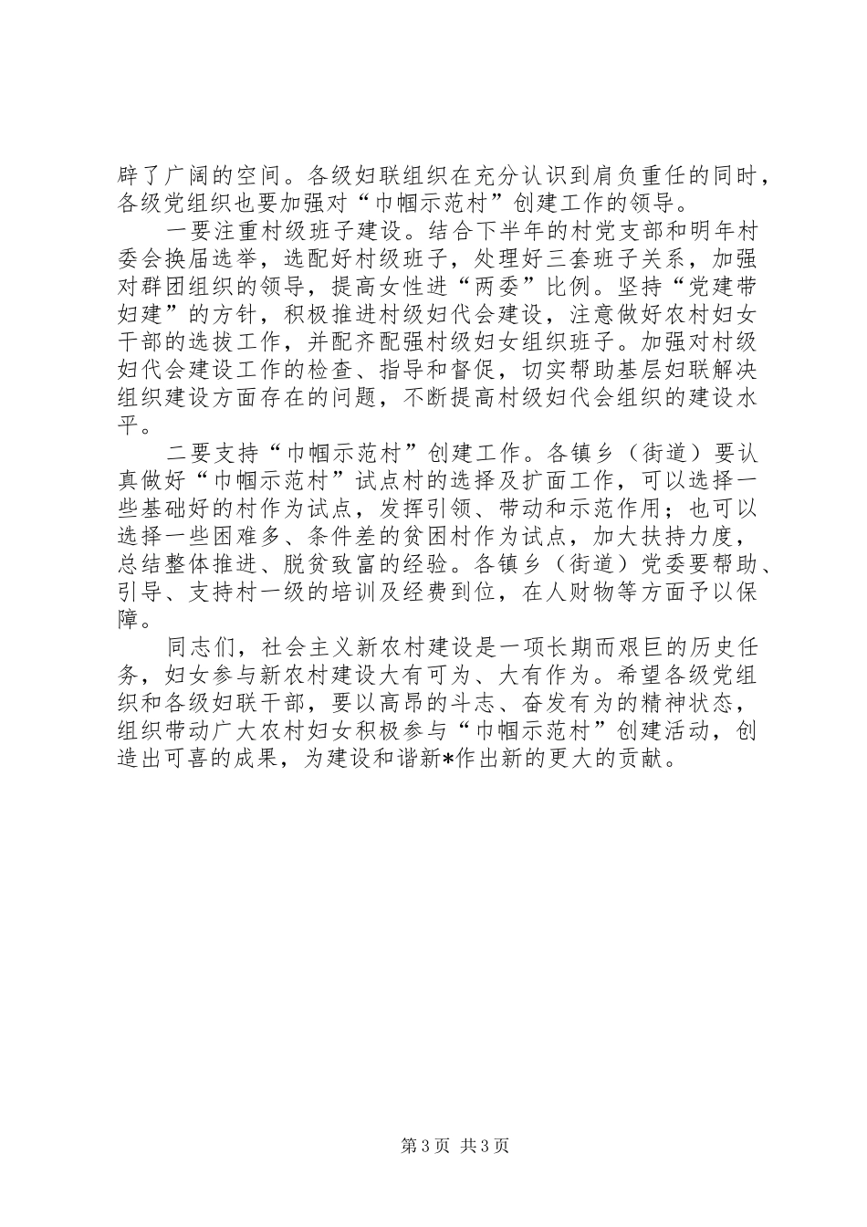 妇联村建设工作结束讲话发言_第3页