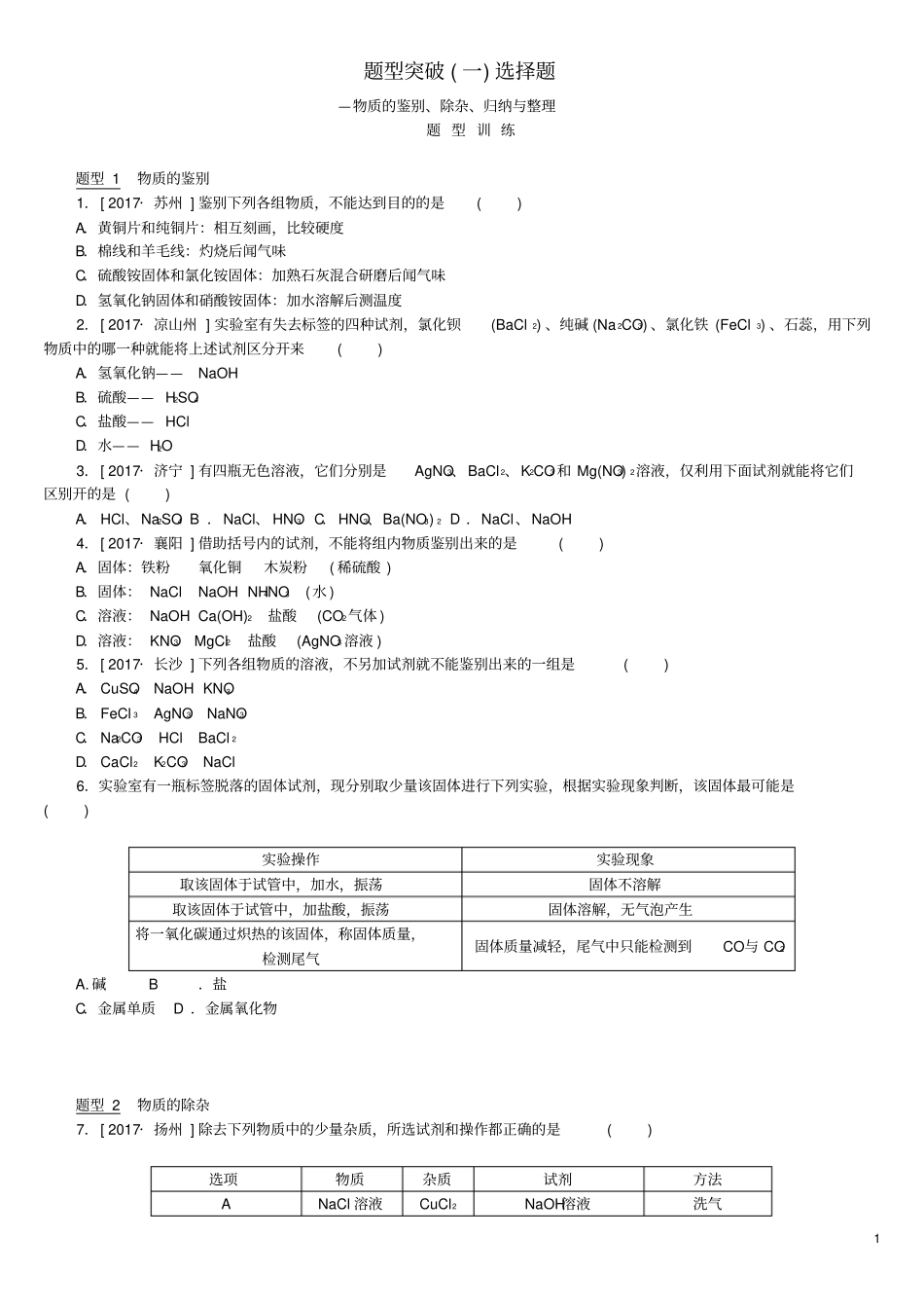 安徽专版中考化学复习题型突破一选择题—物质的鉴别、除杂、归纳与整理试题_第1页