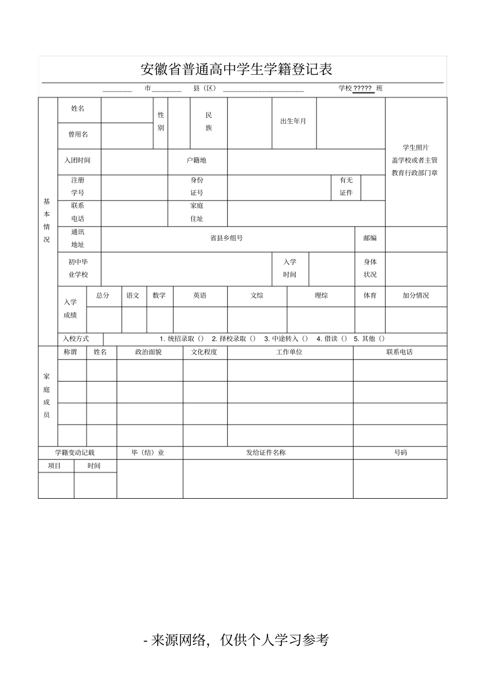 安徽普通高中学生学籍登记表_第1页