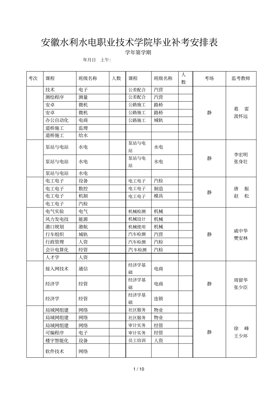 安徽水利水电职业技术学院毕业补考安排表_第1页