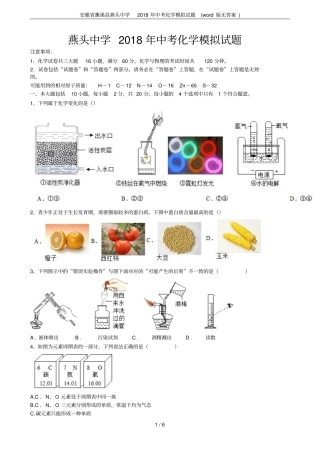 安徽濉溪燕头中学2018年中考化学模拟试题版无答案