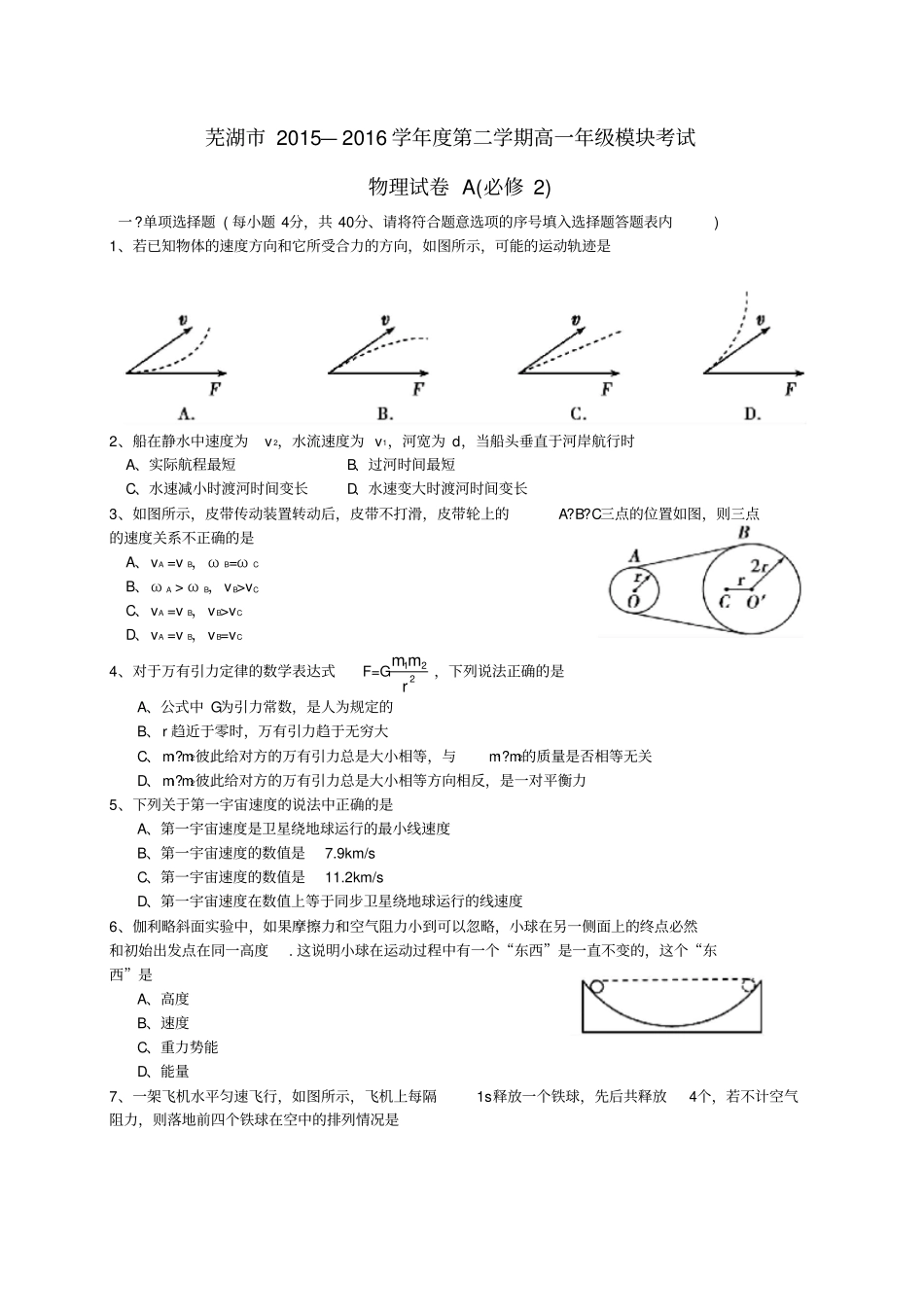 安徽芜湖2012016学年高一物理下学期模块考试试题A卷_第1页
