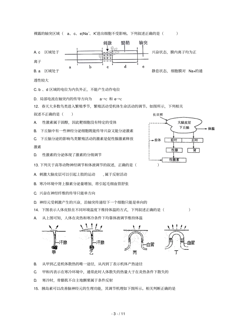 安徽郎溪中学2018_2019学年高二生物上学期期末模拟考试试题直升部无答案_第3页
