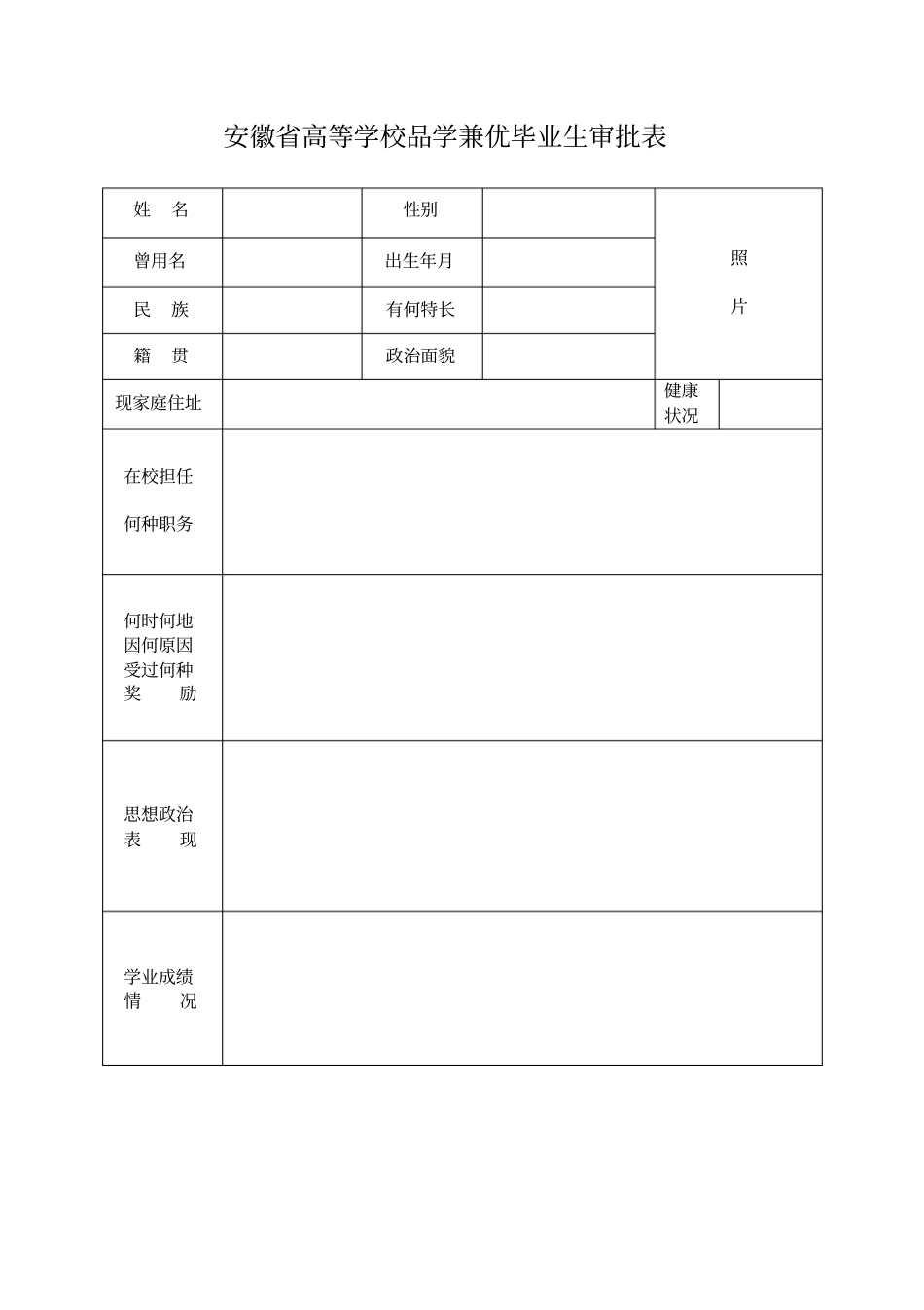 安徽高等学校品学兼优毕业生审批表_第1页