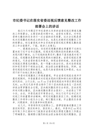 市纪委书记在落实省委巡视反馈意见整改工作部署会上的讲话发言