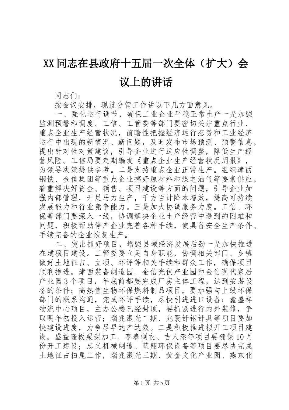 XX同志在县政府十五届一次全体（扩大）会议上的讲话发言_1_第1页