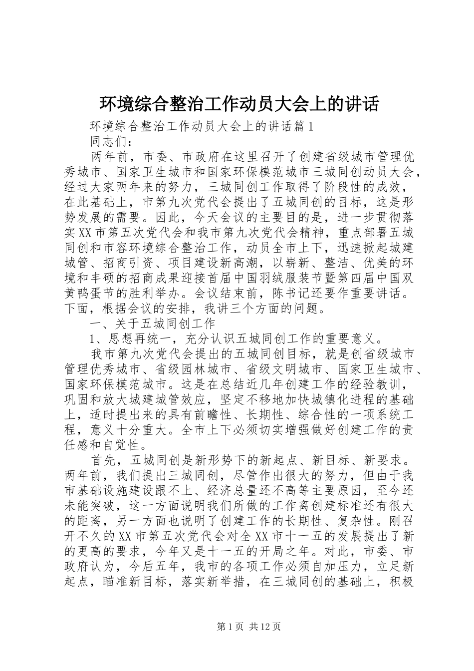 环境综合整治工作动员大会上的讲话发言_第1页