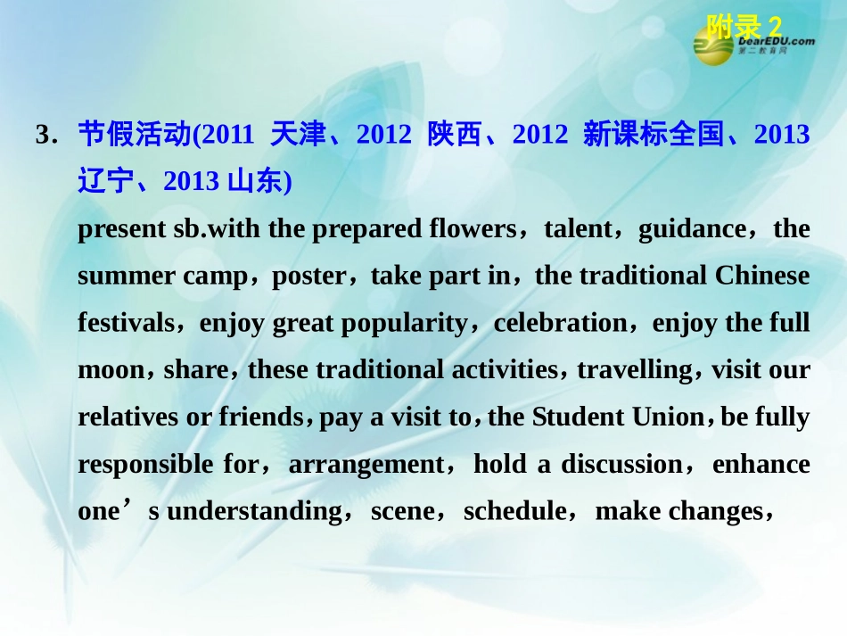 【步步高】（四川专用）2014高考英语二轮复习专题知识与增分策略第二部分附录23年高考10大话题写作高频词课件_第3页