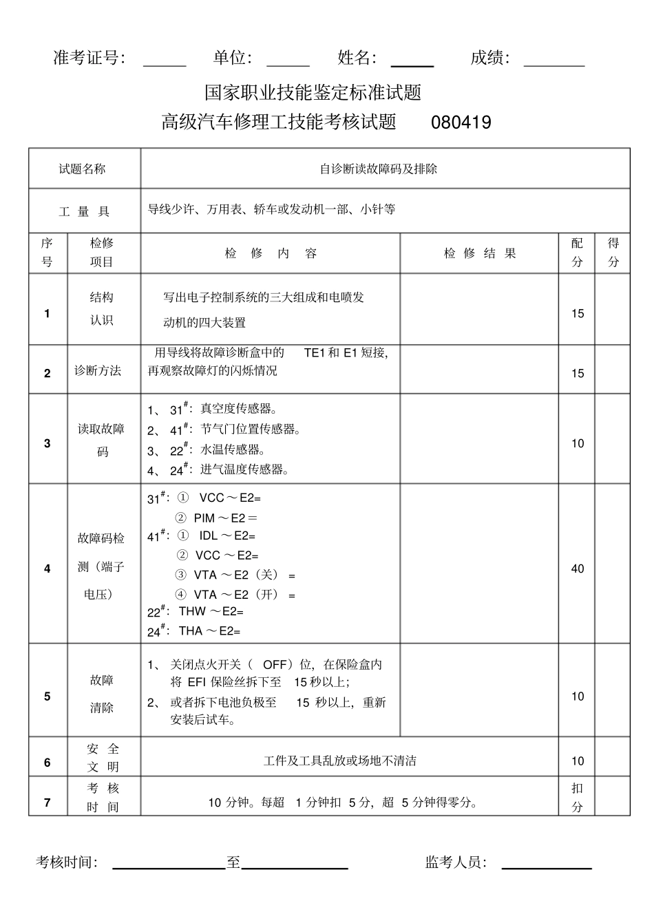 实操试卷汽车维修高级工应会考试卷_第1页