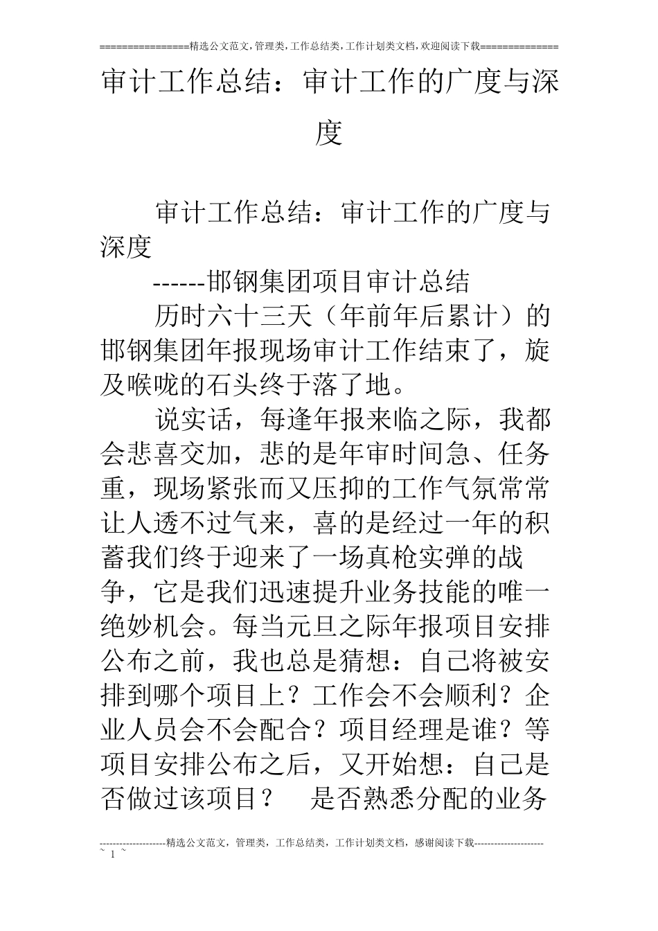 审计工作总结：审计工作的广度与深度_第1页