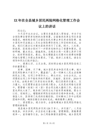 XX年在全县城乡居民两险网格化管理工作会议上的讲话发言