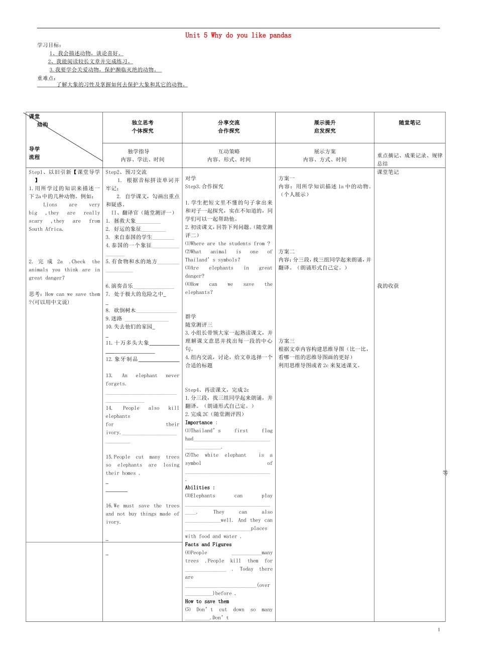 七年级英语下册Unit5Whydoyoulikepandas（SectionB2a-2c）导学案（无答案）（新版）人教新目标版_第1页