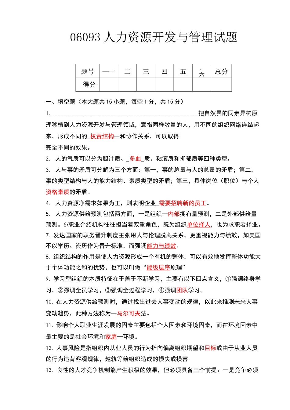 人力资源开发与管理试题及答案_第1页