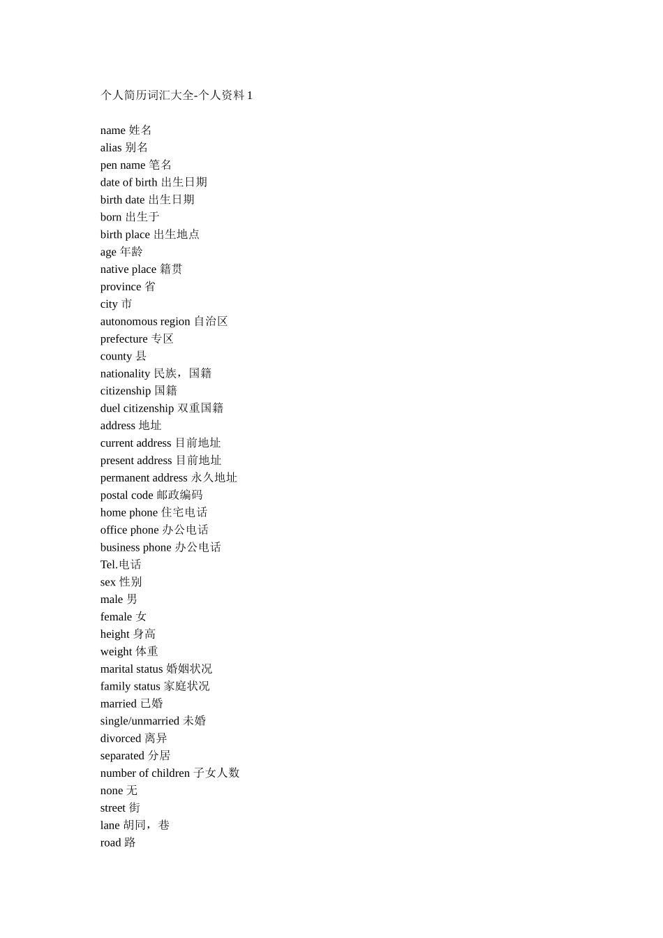 个人简历词汇大全1_第1页