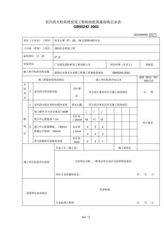 室内消火栓系统安装工程检验批质量验收记录