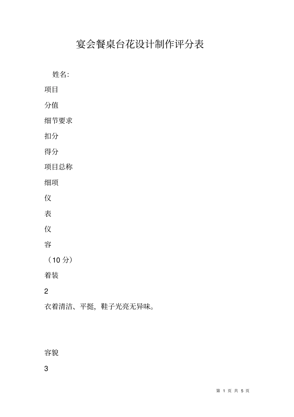 宴会餐桌台花设计制作评分表_第1页