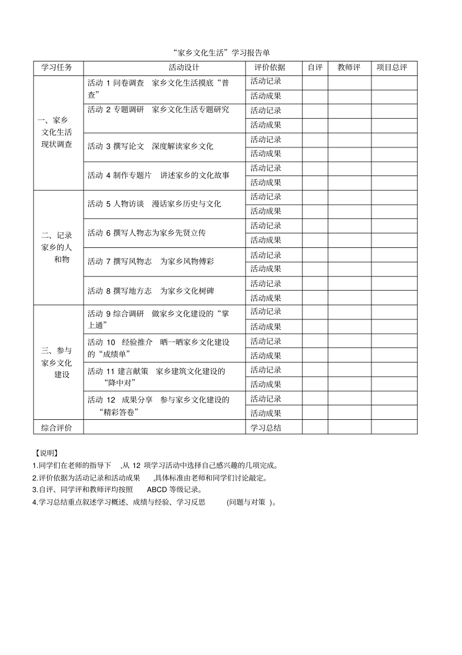 家乡文化生活学习报告单_第1页