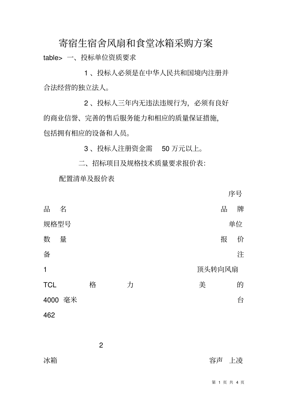 寄宿生宿舍风扇和食堂冰箱采购方案_第1页
