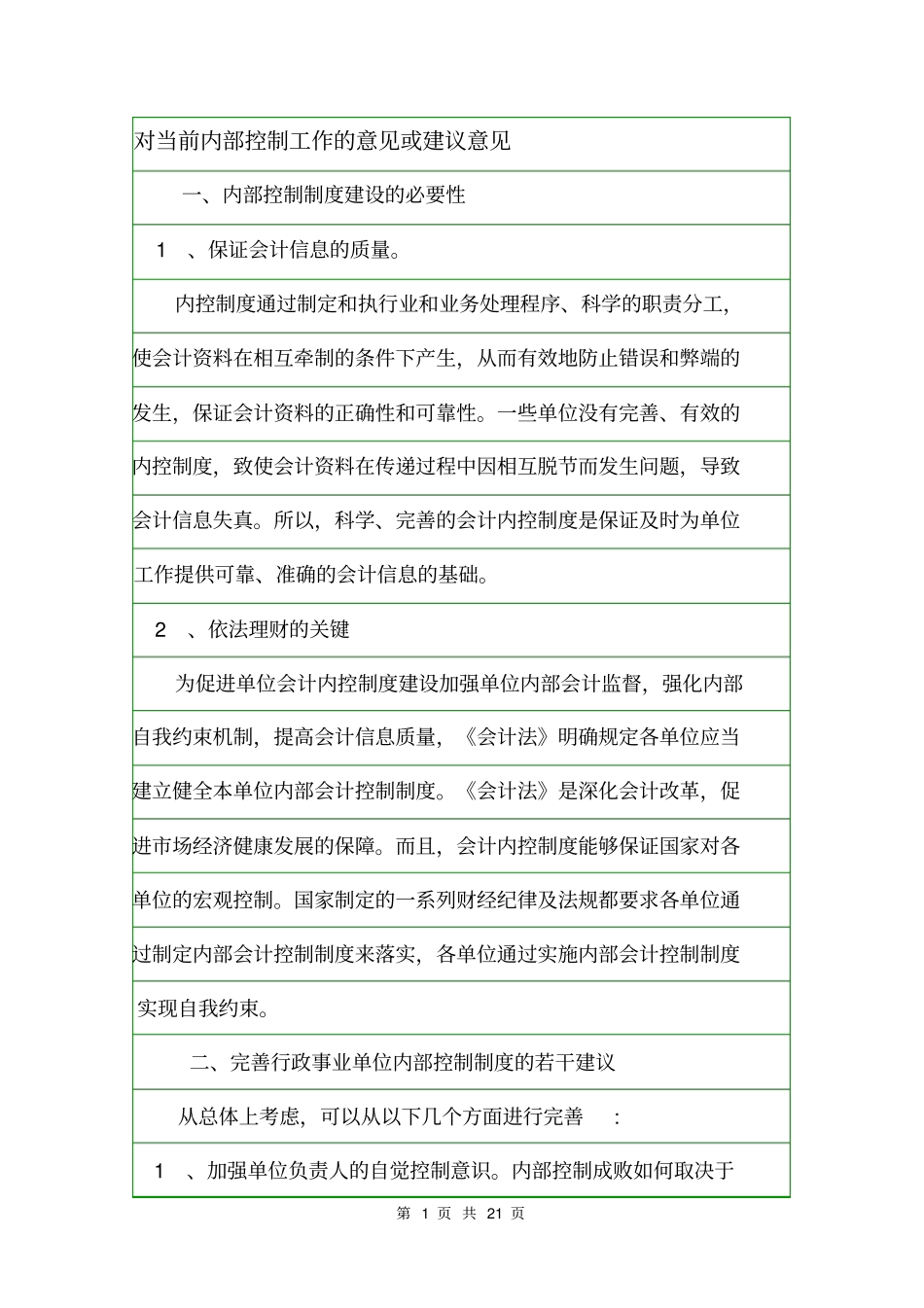 对当前内部控制工作的意见或建议意见_第1页
