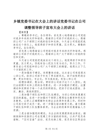 乡镇党委书记在大会上的讲话发言党委书记在公司调整领导班子宣布大会上的讲话发言