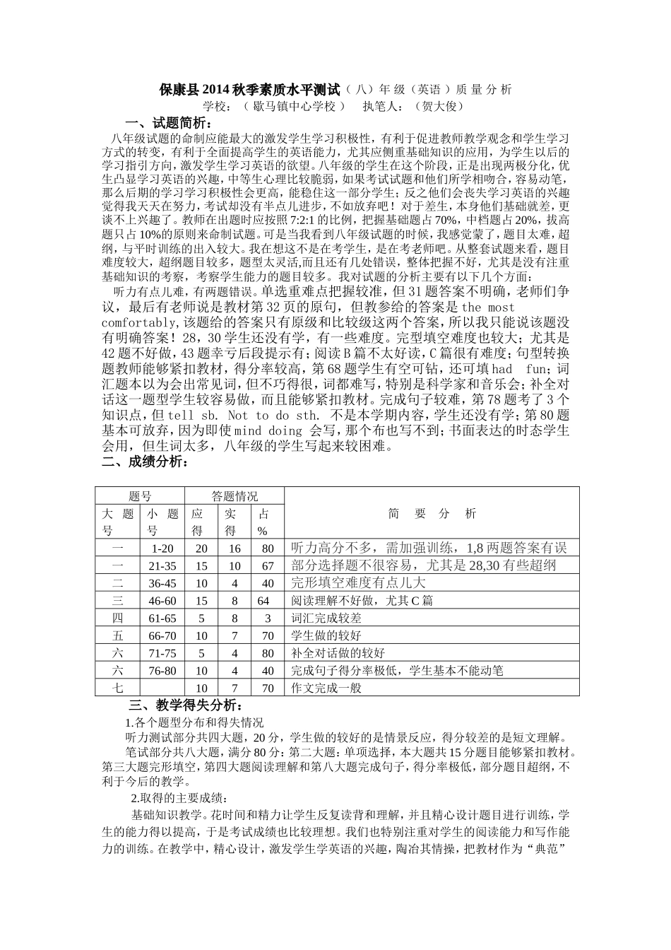 八年级2014年秋季期末考试英语质量分析_第1页