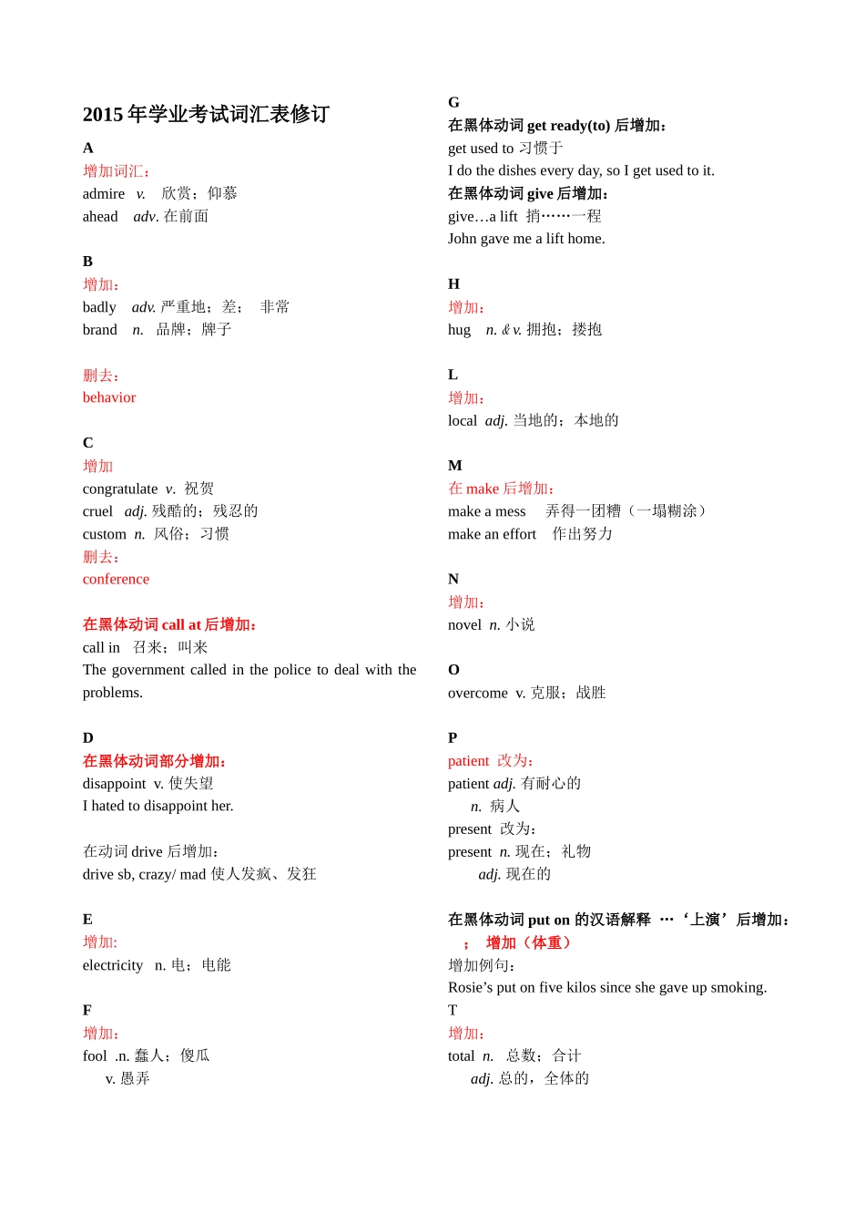 2015年武汉市初中英语学业考试词汇表修订_第1页