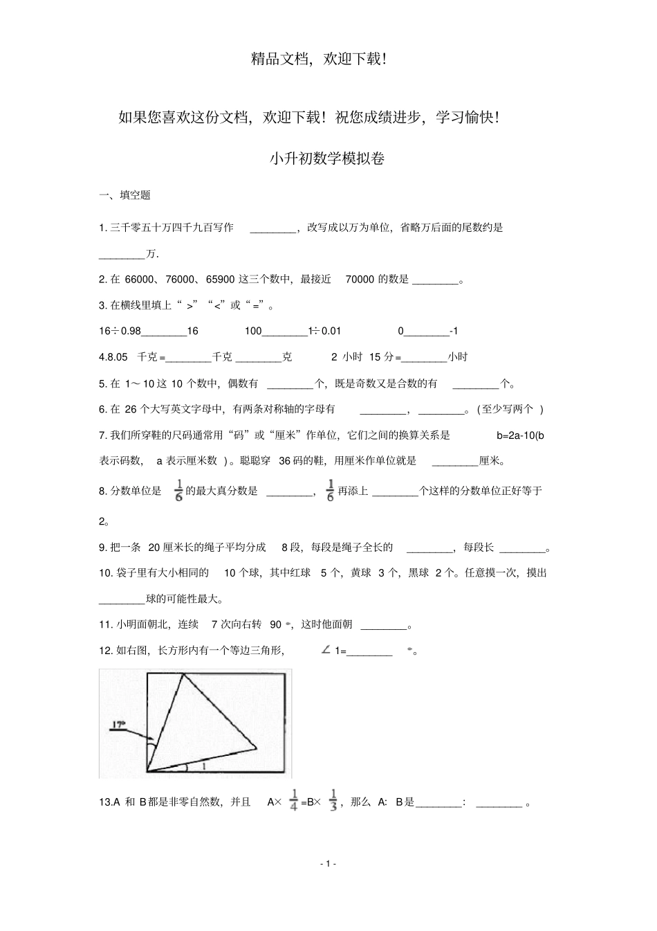 小升初数学试卷4套含答案打印版_第1页