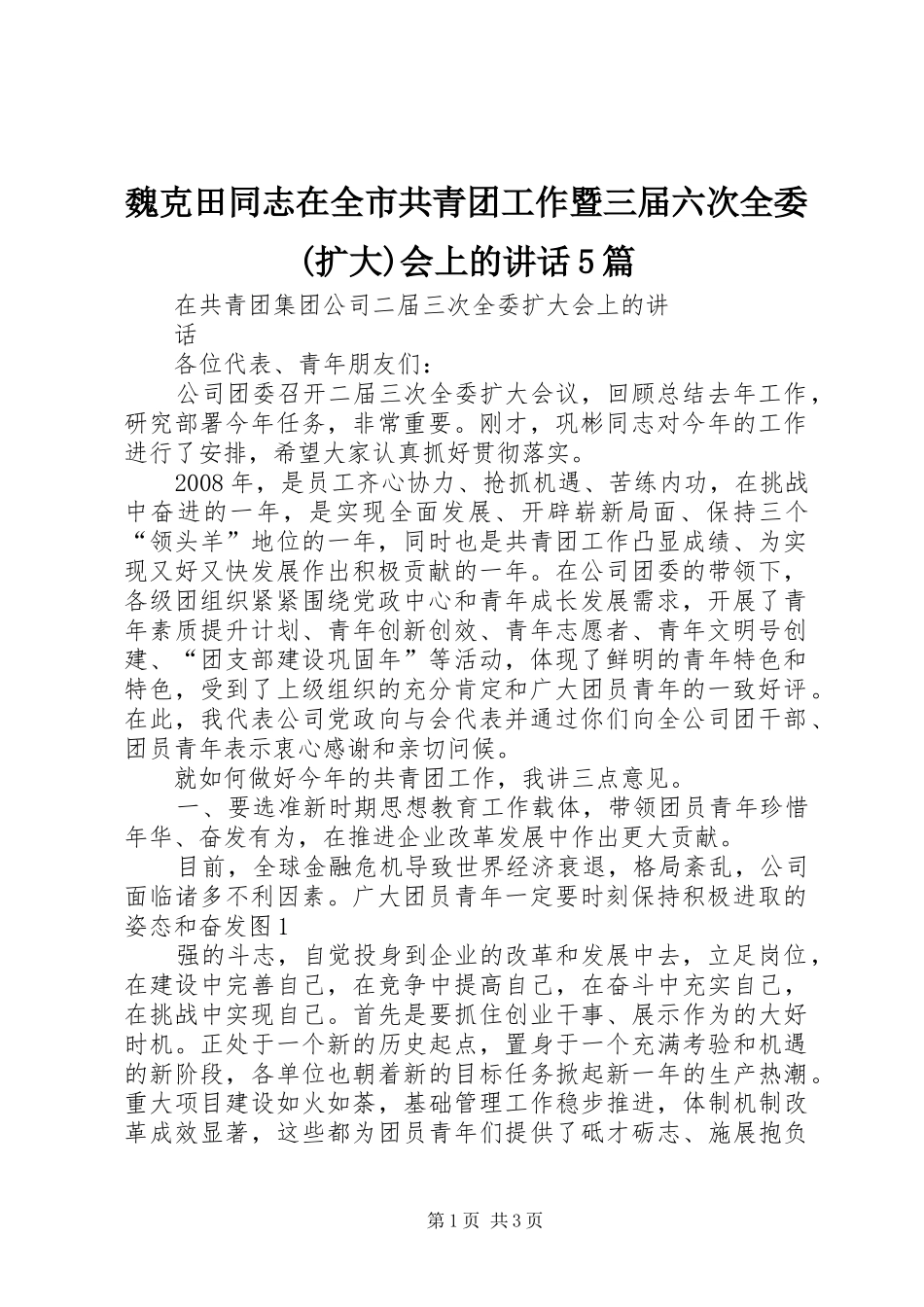 魏克田同志在全市共青团工作暨三届六次全委(扩大)会上的讲话发言5篇_第1页